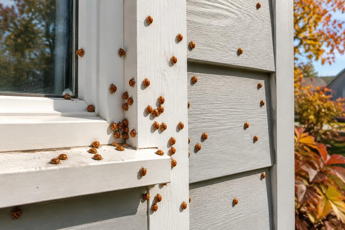 Asian lady beetles gathering on the sunny side of a house in fall