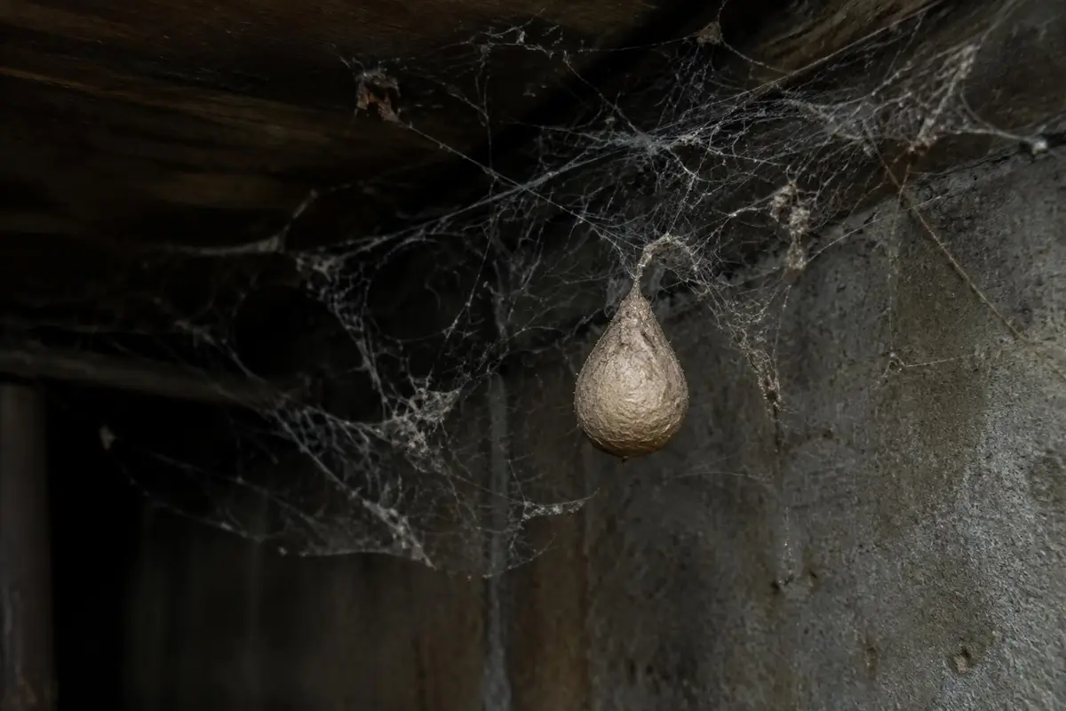 Common house spider tangled web and egg sac in a basement corner