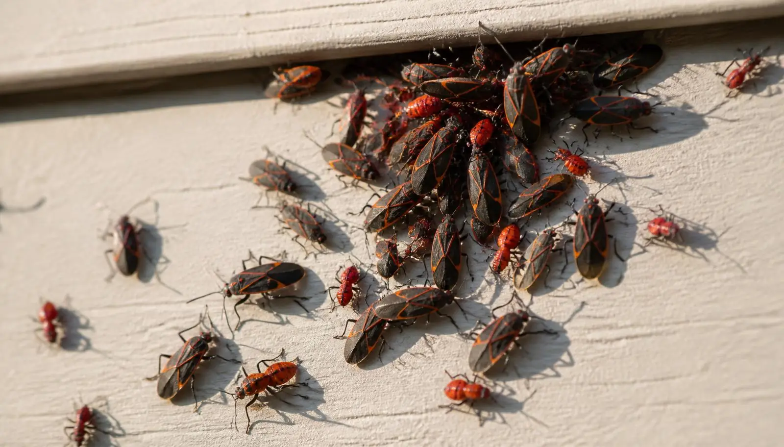Cluster of boxelder bugs with black and red-orange markings on exterior siding